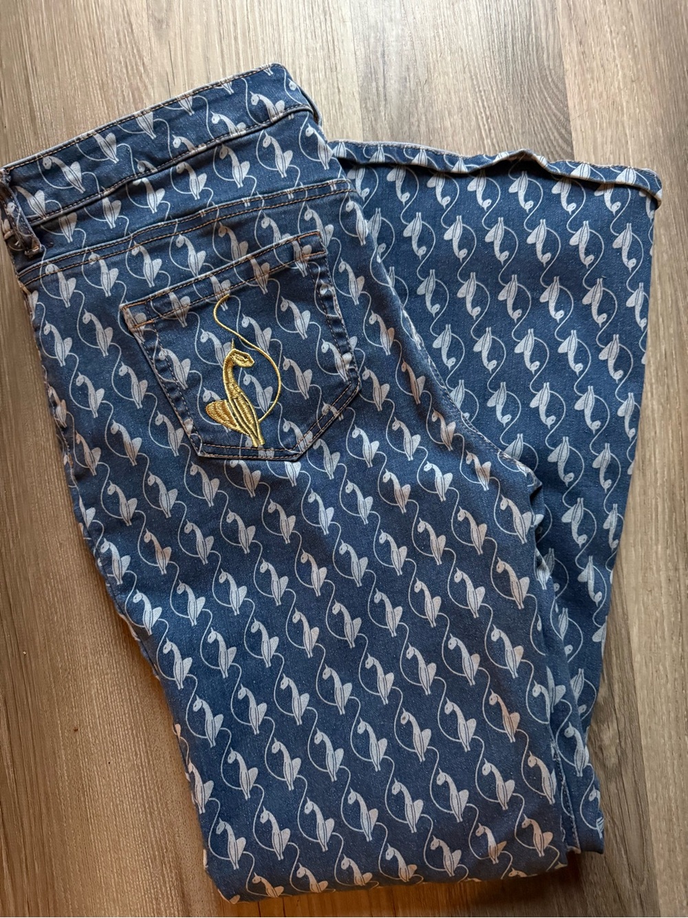 Men's Blue Patterned Jeans with Gold Embroidered Pocket Accent
